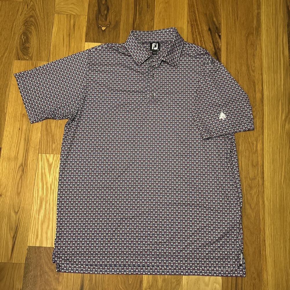 FootJoy Polo Shirt Men XL Purple Geometric Golf All Over Print Sleeve Tree Patch - Picture 4 of 6